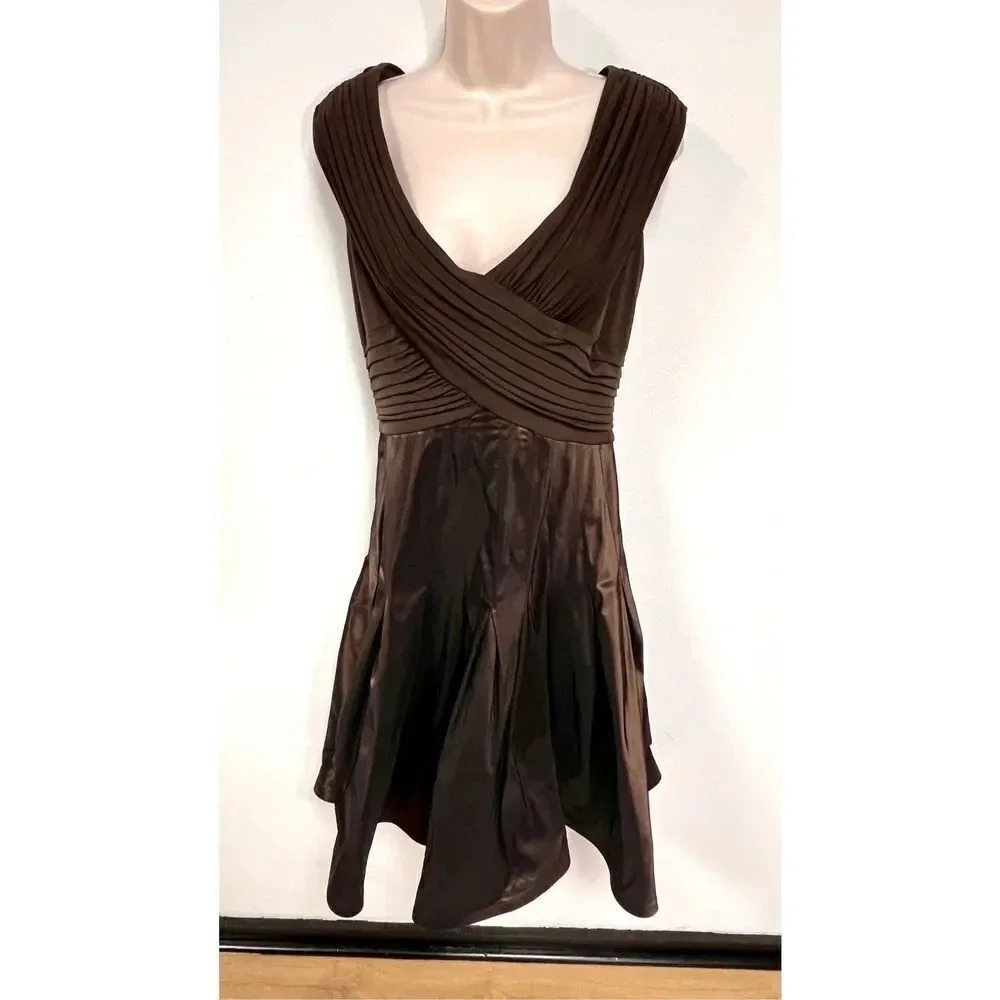 Tadashi Collection Womens Brown Taffeta Pleated Criss-Cross A-Line Dress Size 6